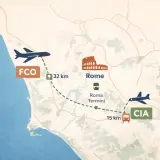 Mapa pokazuje połączenia lotnicze z lotniska FCO do Rzymu (32 km) i do lotniska CIA (15 km od Rzymu).