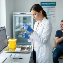 Pielęgniarka przygotowuje szczepionkę. Pacjent czeka na zastrzyk. To część kursu szczepień dla pielęgniarek.