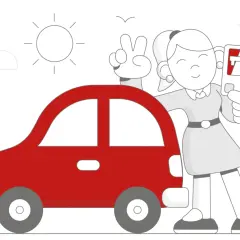 Dziewczyna z v-sign obok czerwonego samochodu trzyma kartę z autostradą. Gotowa na podróż samochodem do Czech!