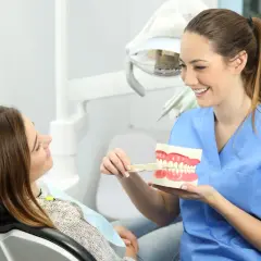 Uśmiechnięta higienistka stomatologiczna pokazuje pacjentce, jak prawidłowo szczotkować zęby, używając modelu szczęki. Dyskutują o tym, ile zarabia higienistka stomatologiczna.