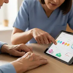 Młoda osoba w niebieskim fartuchu pokazuje starszej kobiecie tablet z danymi. To może być część kursu asystent medyczny.