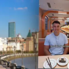 Widok na Szanghaj i mężczyzna w restauracji sushi. Sprawdzamy ceny w Chinach.