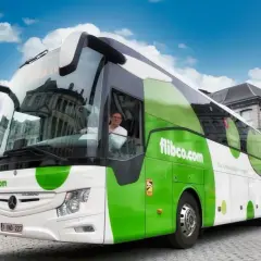 Zielony autokar flibco.com na brukowanej ulicy w Brukseli. Kierowca w okularach pozdrawia.