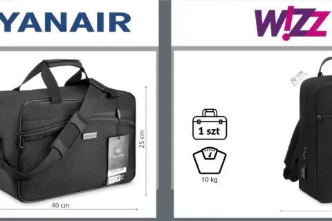 Torba podróżna 40x25x20 cm, idealna na bagaż podręczny Ryanair. Plecak 30x40x20 cm, zgodny z wymiarami plecaka Ryanair.