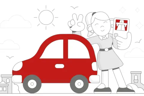 Dziewczyna z v-sign obok czerwonego samochodu trzyma kartę z autostradą. Gotowa na podróż samochodem do Czech!