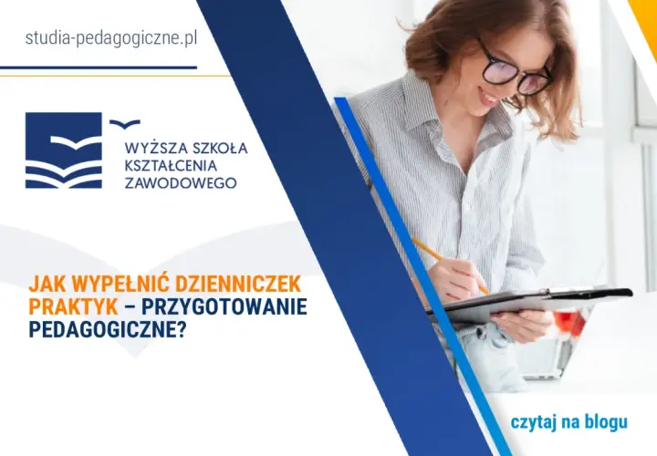 Uśmiechnięta studentka pisze w dzienniczku praktyk żłobek. Artykuł na blogu podpowiada, jak wypełnić dokumentację.