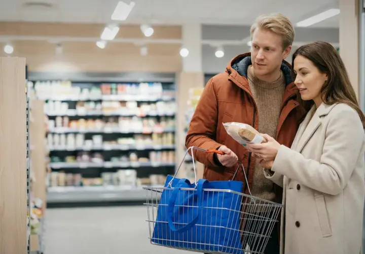 Para ogląda produkty w sklepie spożywczym, trzymając koszyk.
