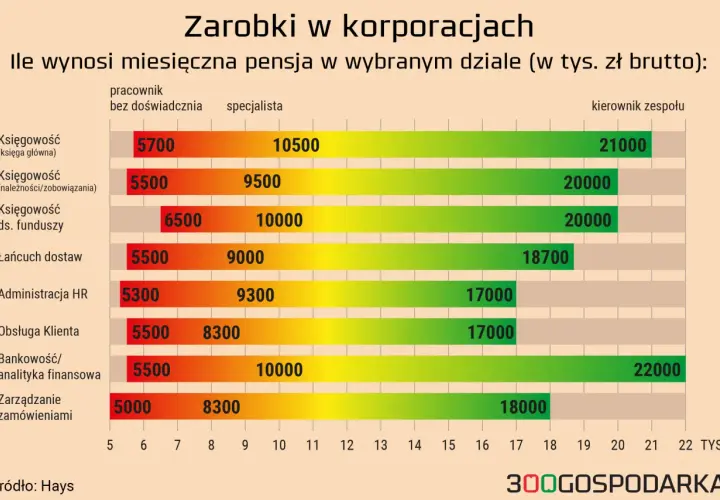 Zarobki w korporacjach: ile zarabia koordynator? Wykres pokazuje pensje brutto w działach: księgowość, łańcuch dostaw, administracja HR, obsługa klienta, bankowość, zarządzanie zamówieniami.