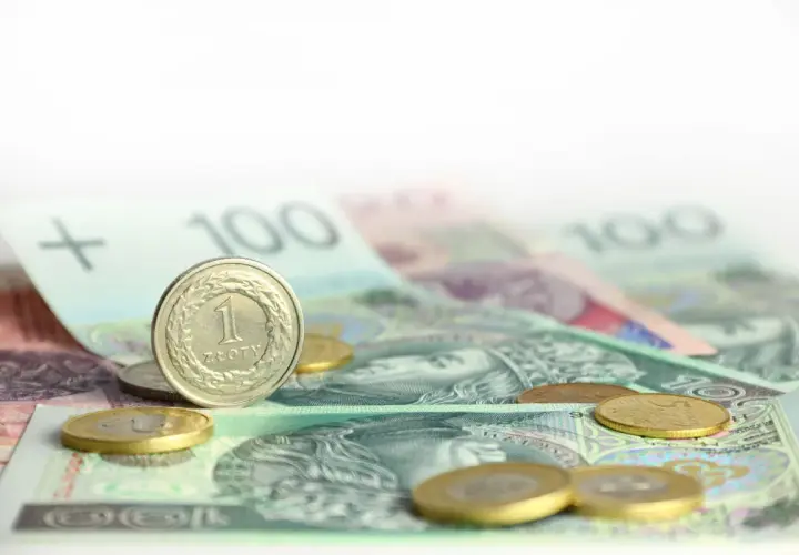 Monety i banknoty 100 zł na białym tle.