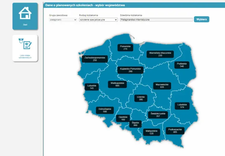 Mapa Polski z danymi o szkoleniach specjalizacyjnych dla pielęgniarek. Sprawdź, ile trwa specjalizacja pielęgniarska w różnych województwach.