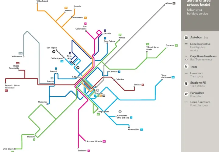 Mapa komunikacji miejskiej Bergamo z zaznaczonymi liniami autobusowymi i tramwajowymi, stacjami i capolineami.