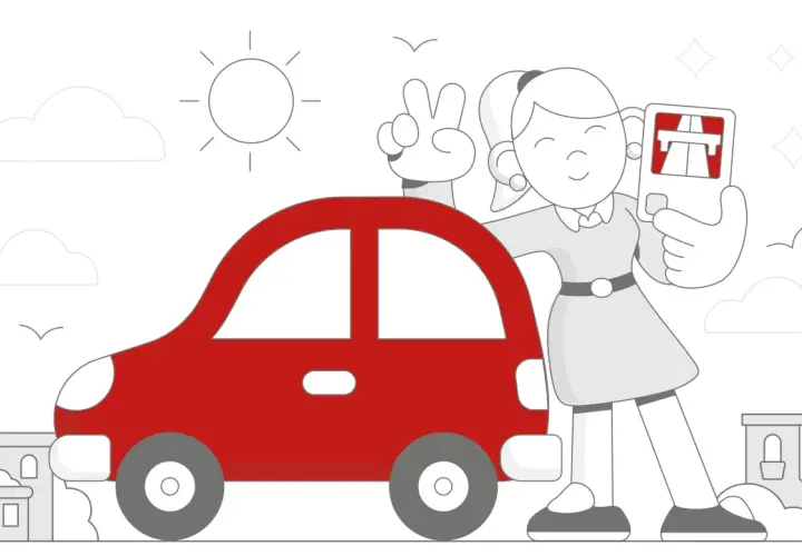 Dziewczyna z v-sign obok czerwonego samochodu trzyma kartę z autostradą. Gotowa na podróż samochodem do Czech!