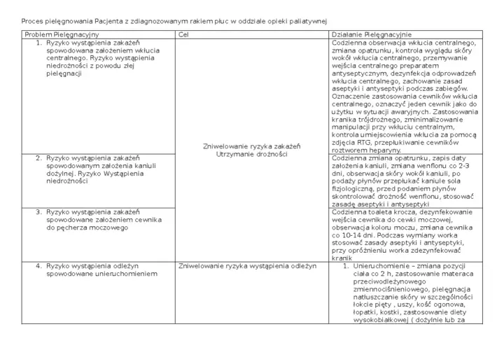 Opieka paliatywna: proces pielęgnowania pacjenta z rakiem płuc. Tabela zawiera problemy pielęgnacyjne, cele i działania.
