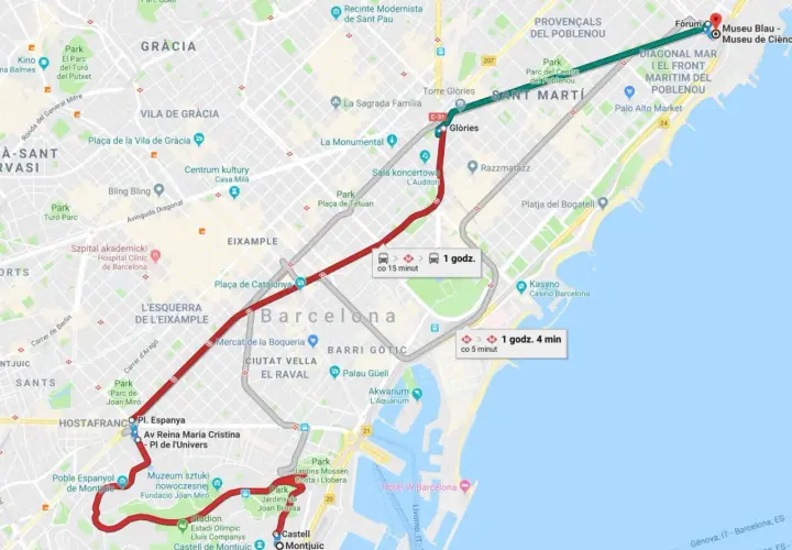 Mapa Barcelony z zaznaczonymi trasami komunikacji miejskiej, pokazującymi czas podróży i częstotliwość kursowania.