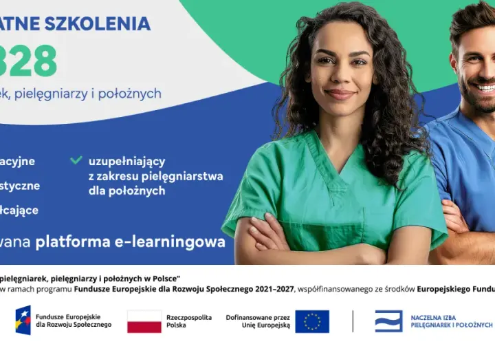 Dwie uśmiechnięte osoby w strojach medycznych, promujące bezpłatne kursy dla pielęgniarek i położnych.