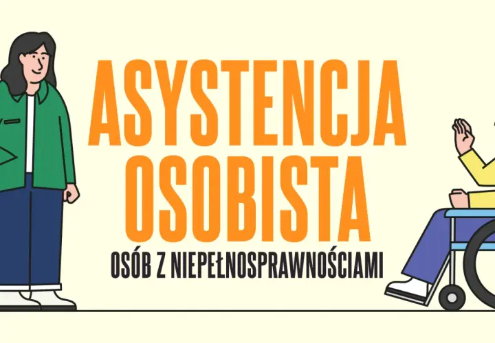 Kurs asystent osoby niepełnosprawnej: ilustracja przedstawia dwie postacie, jedna stoi, druga siedzi na wózku inwalidzkim.