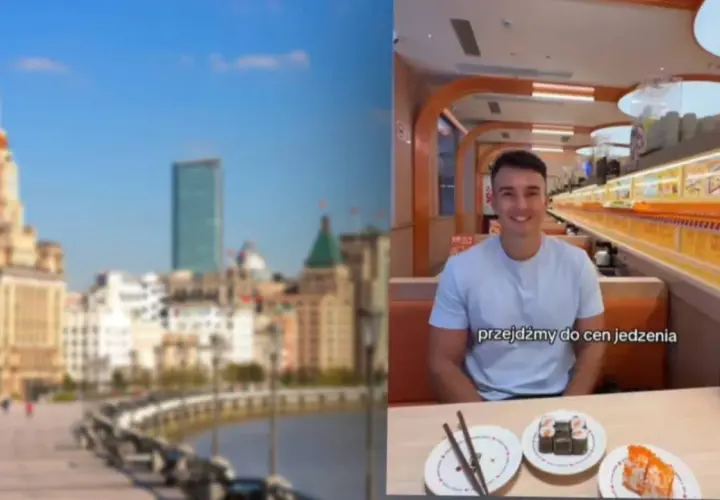 Widok na Szanghaj i mężczyzna w restauracji sushi. Sprawdzamy ceny w Chinach.