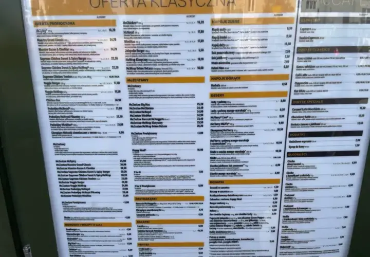 Menu McDonald's Szwajcaria, ceny McWrapów, McRoyal, McChicken, McFlurry i innych.