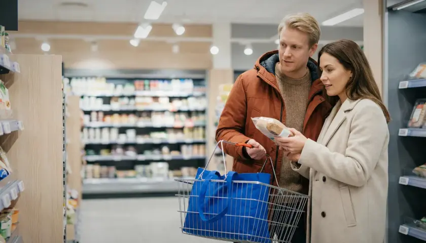 Para ogląda produkty w sklepie spożywczym, trzymając koszyk.