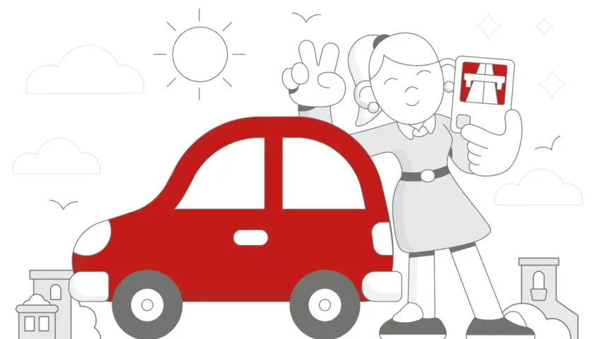 Dziewczyna z v-sign obok czerwonego samochodu trzyma kartę z autostradą. Gotowa na podróż samochodem do Czech!