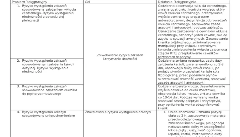 Opieka paliatywna: proces pielęgnowania pacjenta z rakiem płuc. Tabela zawiera problemy pielęgnacyjne, cele i działania.