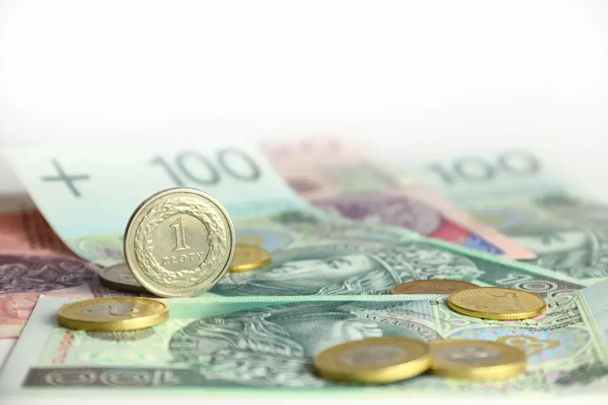 Monety i banknoty 100 zł na białym tle.