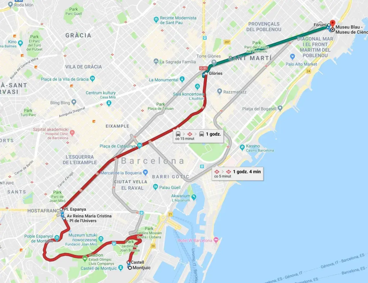 Mapa Barcelony z zaznaczonymi trasami komunikacji miejskiej, pokazującymi czas podróży i częstotliwość kursowania.