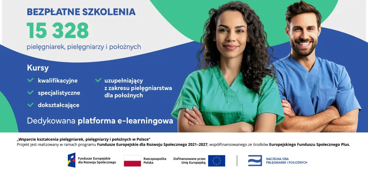 Dwie uśmiechnięte osoby w strojach medycznych, promujące bezpłatne kursy dla pielęgniarek i położnych.