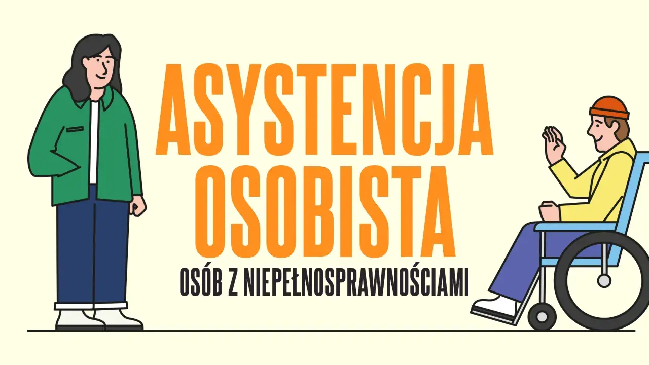 Kurs asystent osoby niepełnosprawnej: ilustracja przedstawia dwie postacie, jedna stoi, druga siedzi na wózku inwalidzkim.