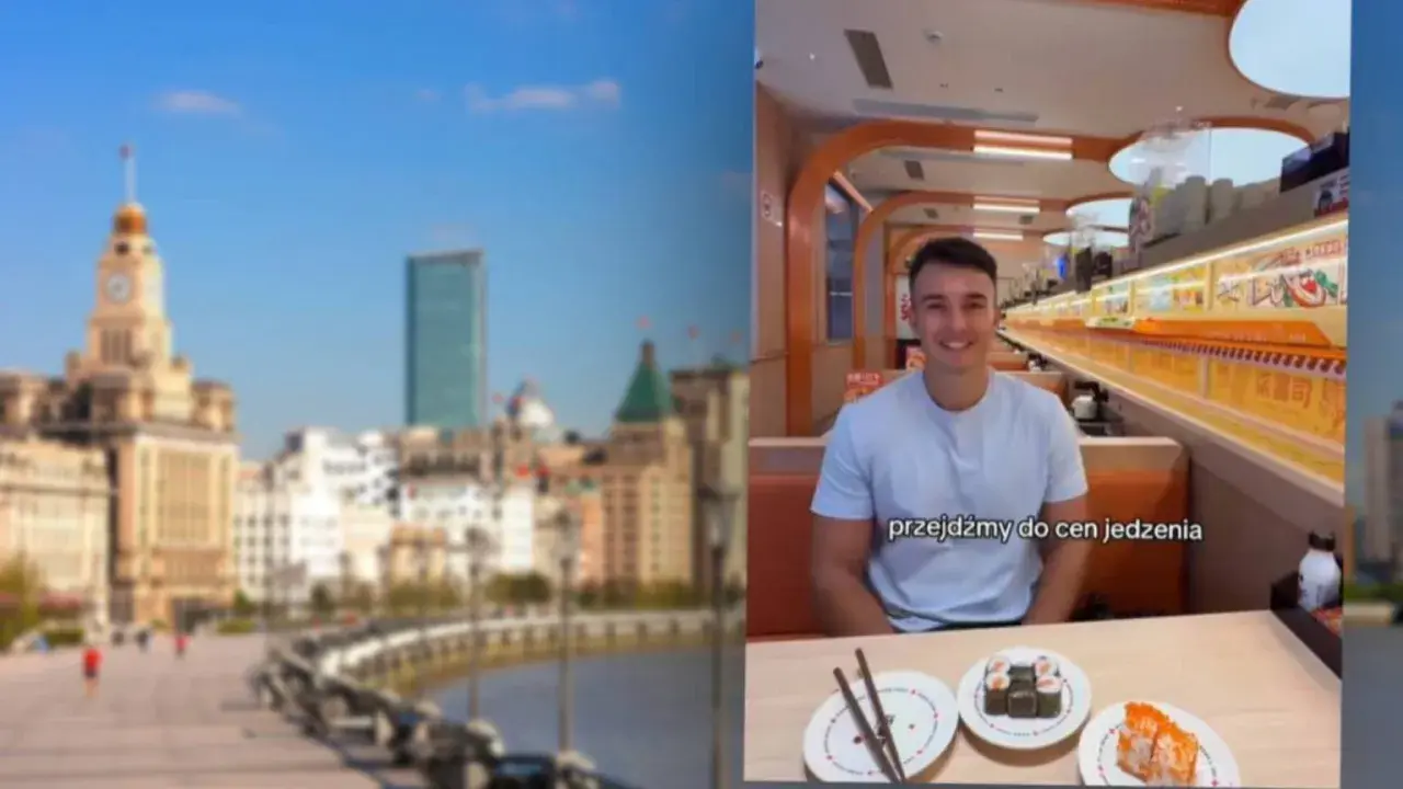 Widok na Szanghaj i mężczyzna w restauracji sushi. Sprawdzamy ceny w Chinach.