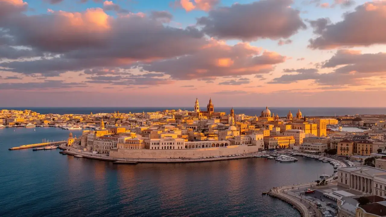 Malta o zachodzie słońca, z widokiem na port i zabytkowe budynki. Piękne widoki, a ceny mogą być różne w zależności od sezonu.