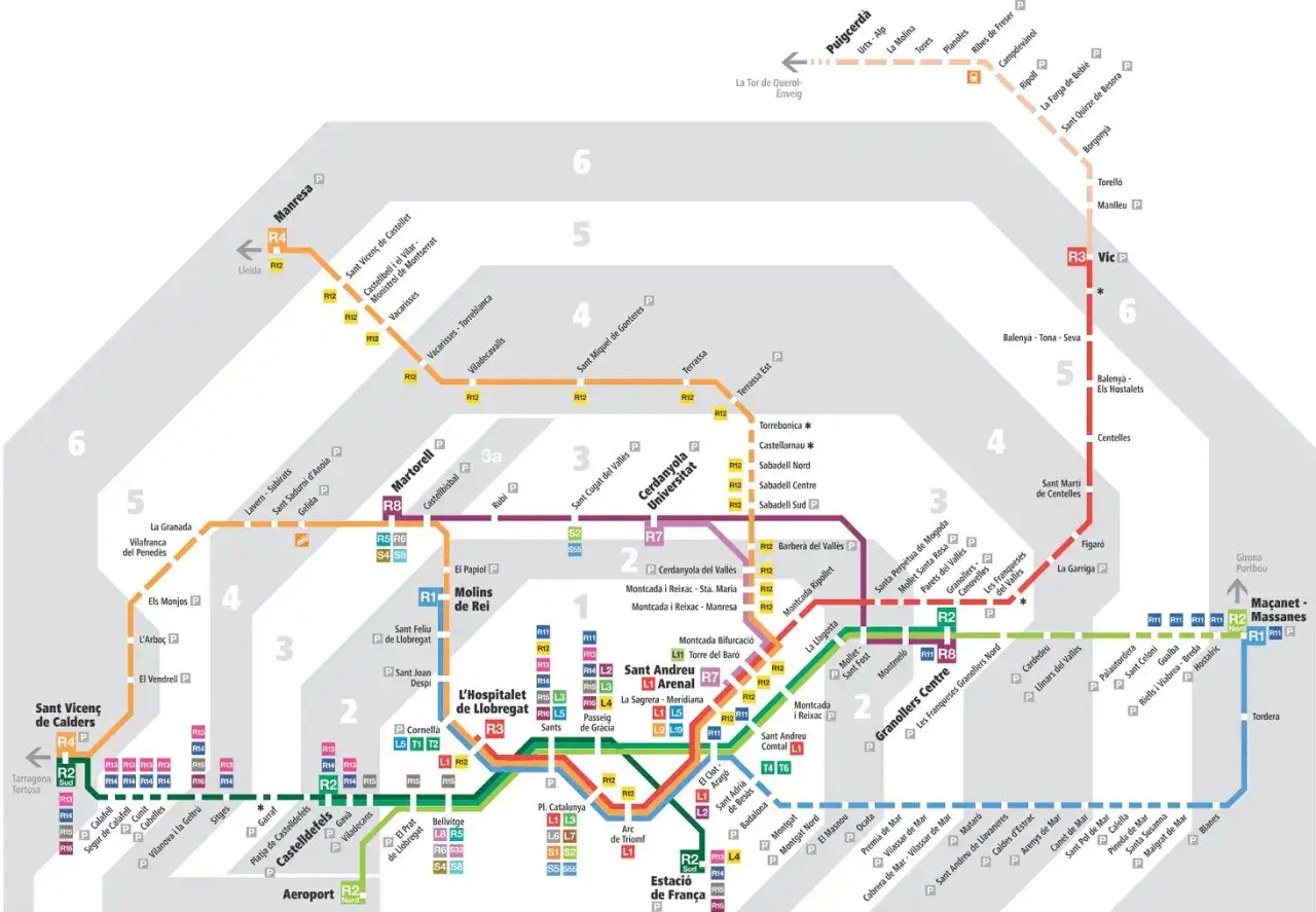 Mapa sieci kolejowej i metra w Barcelonie. Linie R, L, S i T pokazują połączenia w ramach barcelona komunikacja miejska.