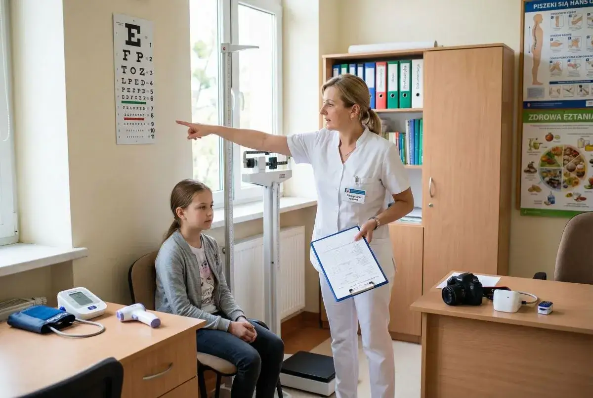Pielęgniarka podczas badania wzroku dziewczynki. To może być część szkolenia kurs pielęgniarki szkolnej online.