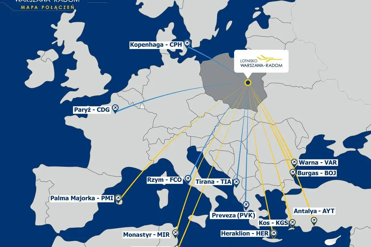 Mapa połączeń z Warszawy-Radom. Sprawdź, ile się leci na Majorkę, do Rzymu, Tirany, Kopenhagi i innych miejsc.