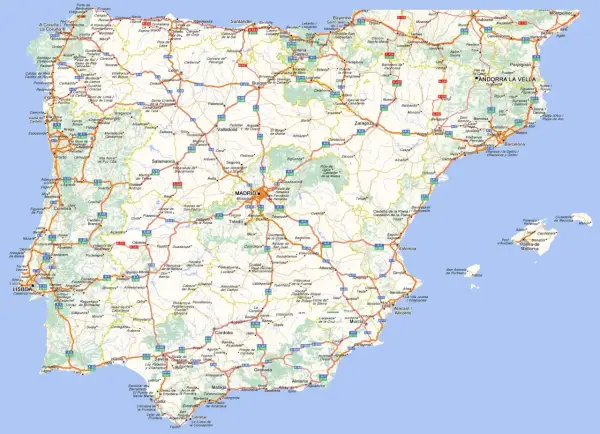 Mapa Hiszpanii z zaznaczonymi autostradami, miastami i wybrzeżem. Widoczne są główne drogi, takie jak A-2, A-7, AP-7, łączące miasta od Lizbony po Barcelonę.